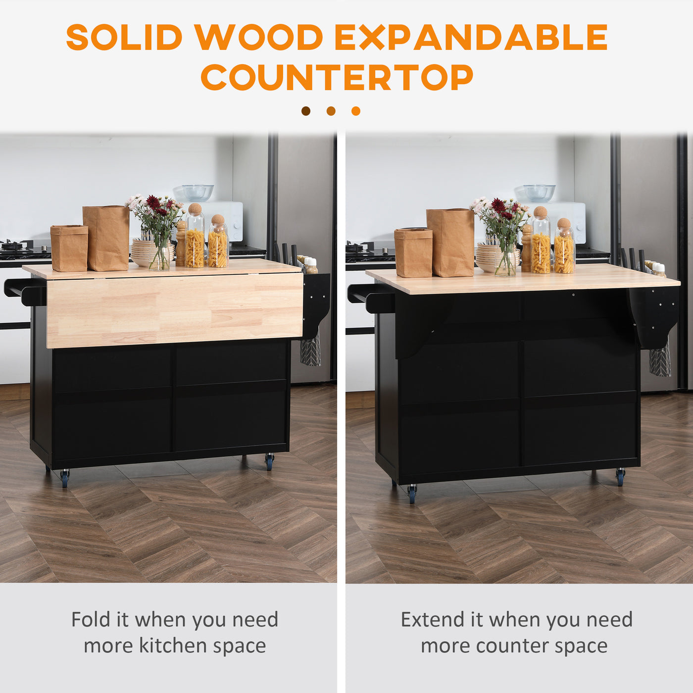 Kitchen Island with Storage, Rolling Kitchen Island with Drop Leaf, Rubber Wood Top and Adjustable Shelves, Black