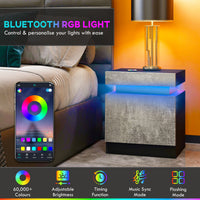 Nightstand, Bedside Table with LED Lights and 2 Drawers for Bedroom, Living Room, Cement Grey
