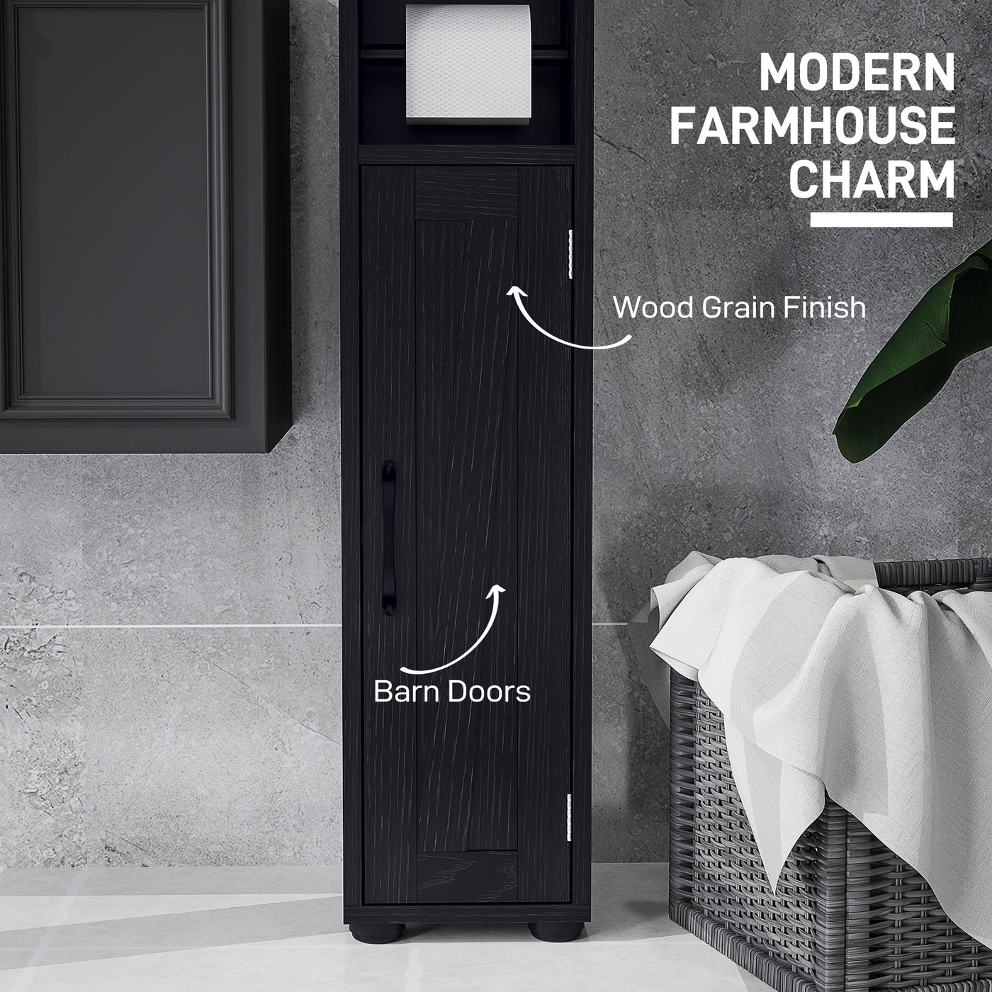 Narrow Bathroom Cabinet, Tall Bathroom Storage Cabinet with Barn Doors, Drawer and Adjustable Shelves, Black Wood Grain