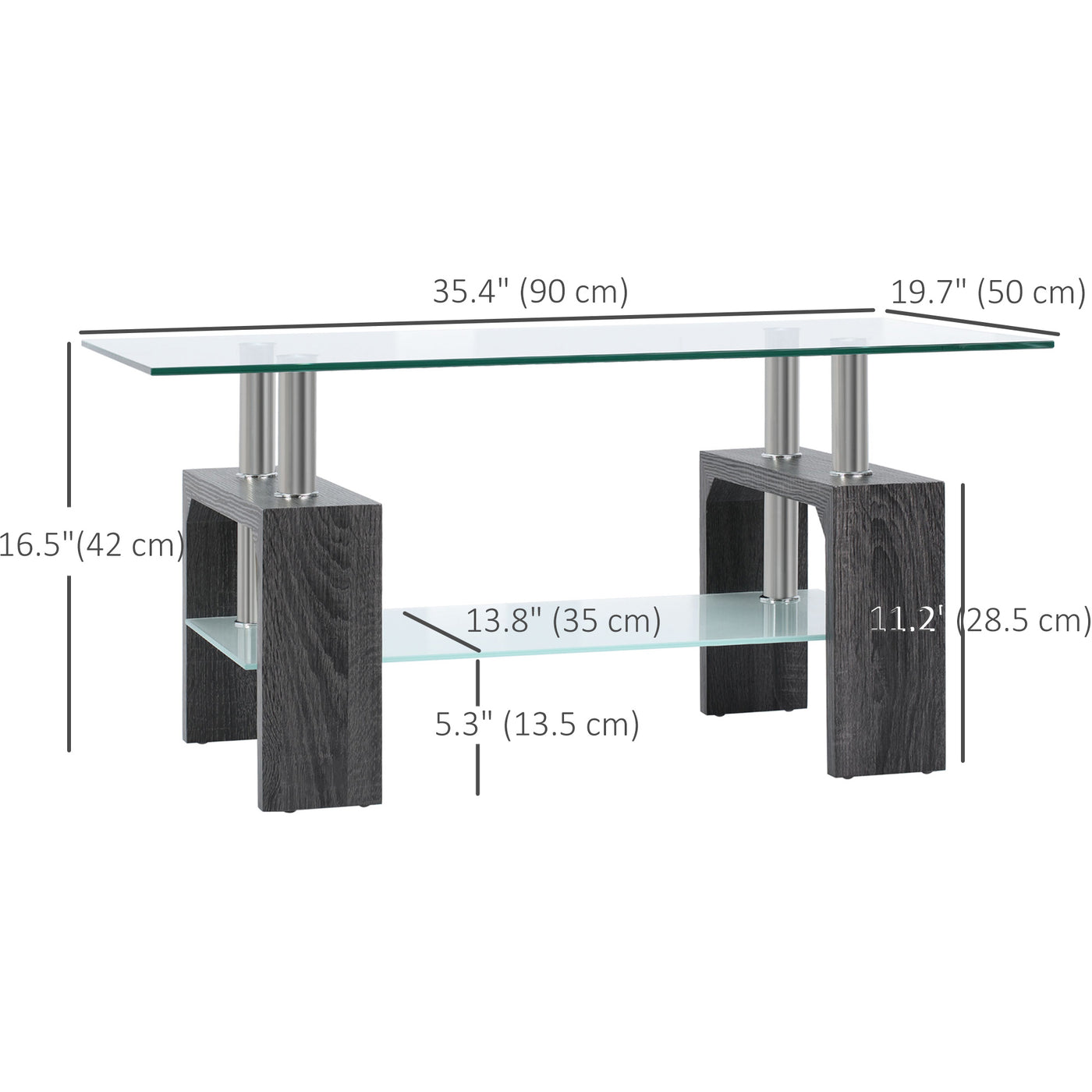 Rectangle Glass Coffee Table, 2-Tier Center Table with Tempered Glass Top and Storage Shelf for Living Room, Grey
