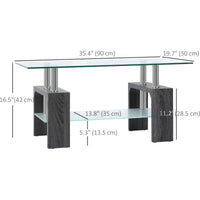 Rectangle Glass Coffee Table, 2-Tier Center Table with Tempered Glass Top and Storage Shelf for Living Room, Grey