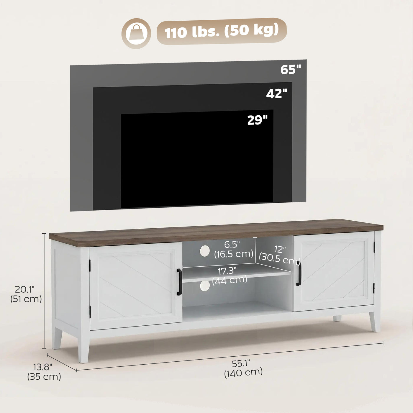 TV Stand for TVs up to 65 Inch, Entertainment Center with 2 Open Shelves, 2 Cabinets, Thick Top, White and Brown
