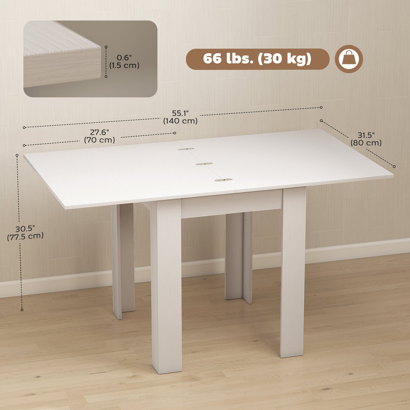 55" Extendable Dining Table for 4-6 Person, Kitchen Table with PU Handle and Felt Pads for Small Spaces, White