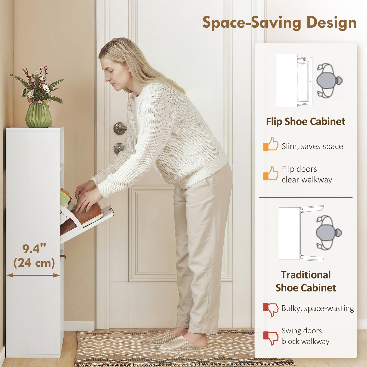 Shoe Cabinet with 2 Flip Drawers Narrow Shoe Storage Cabinet with Top Shelf for Entryway Hallway White