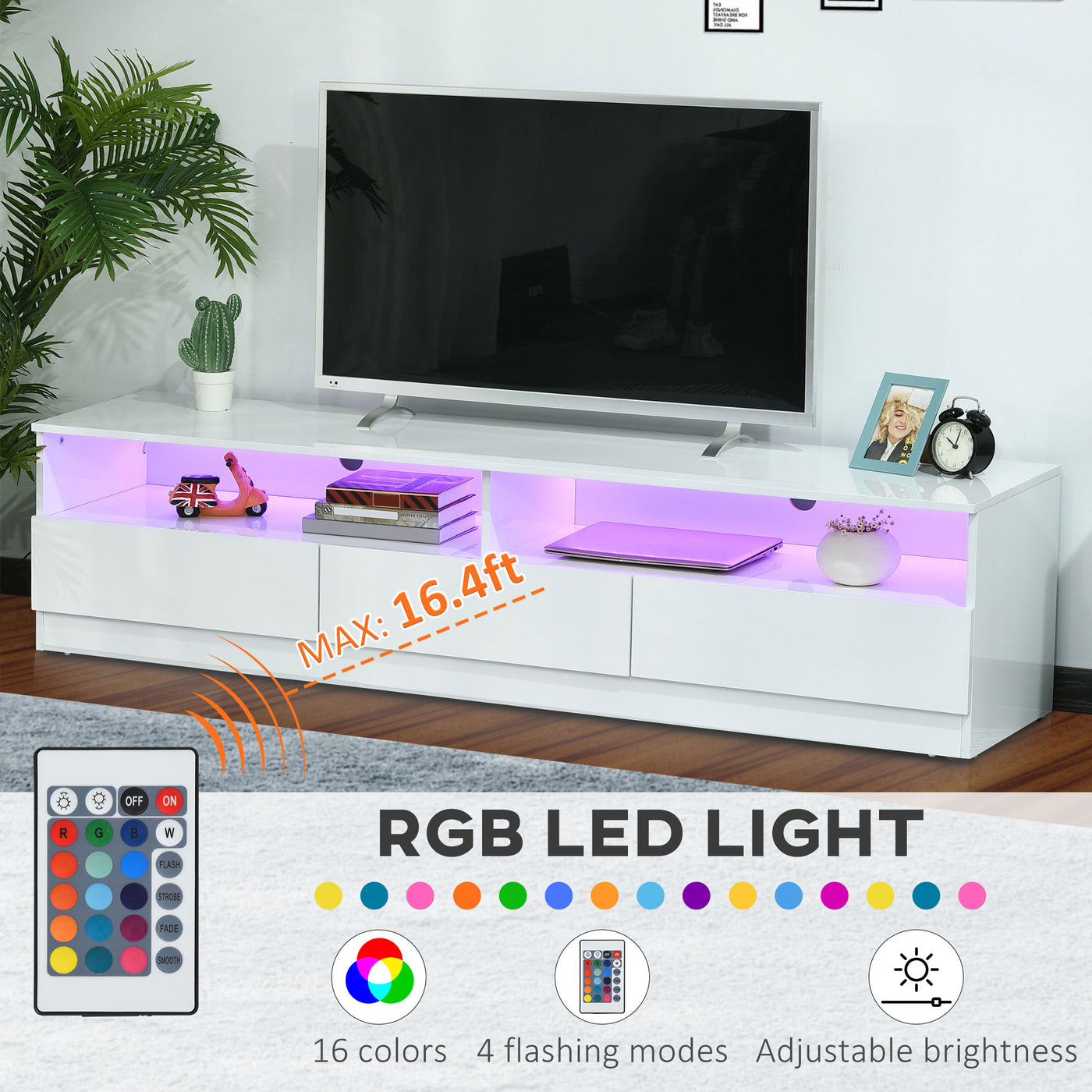 LED Lighted TV Stand for TVs up to 75", Modern TV Cabinet with Storage Drawers for Living Room, High Gloss White