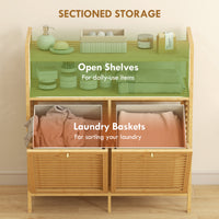 Tilt Out Laundry Hamper, Bamboo Laundry Cabinet with 2 Removable Baskets and 2-Tier Shelves for Laundry Room, Natural