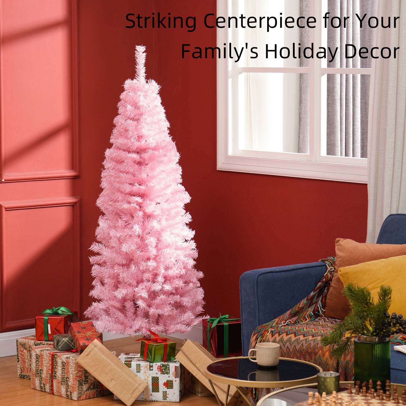 5FT Pencil Christmas Tree, Artificial Christmas Tree with Automatic Open for Home Party, Pink
