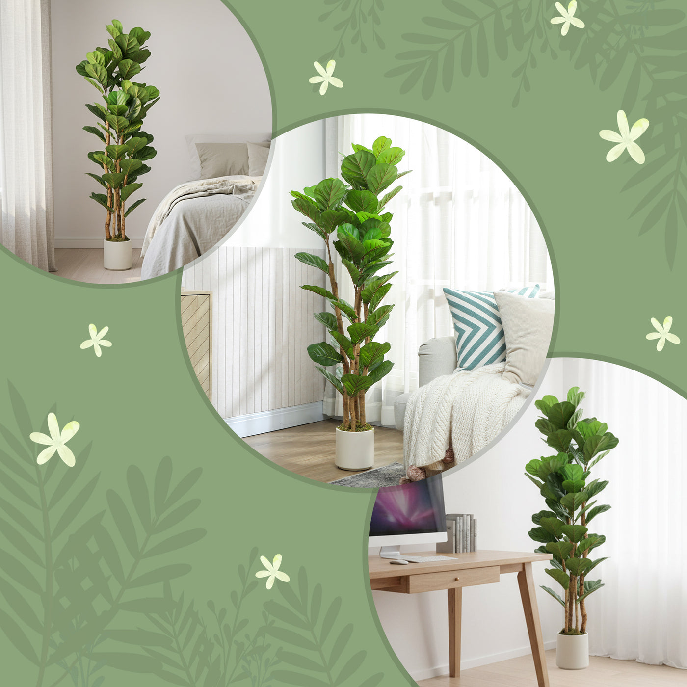 5FT Artificial Fiddle Leaf Fig Tree, Fake Potted Tree with Solid Wood Trunks for Indoor Decor, Green