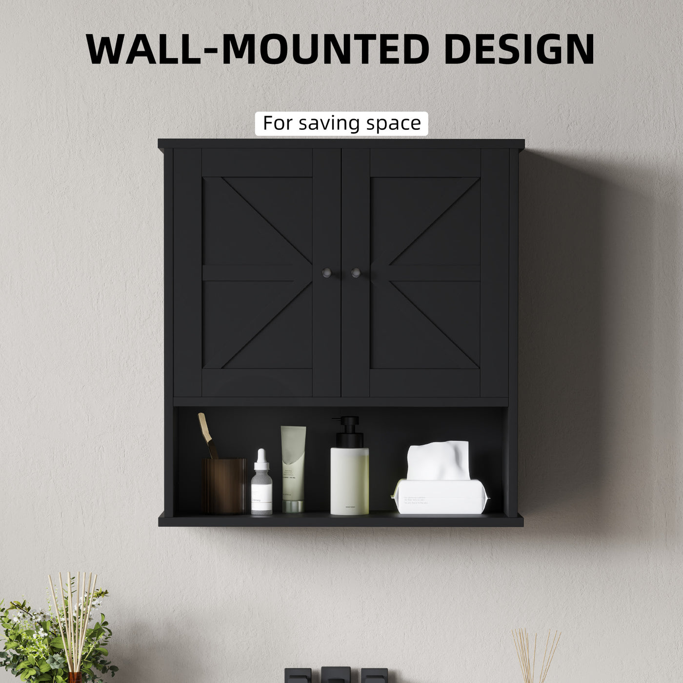 Farmhouse Bathroom Medicine Cabinet, Wall Cabinet with Barn Doors, and Adjustable Shelf for Laundry Room, Black