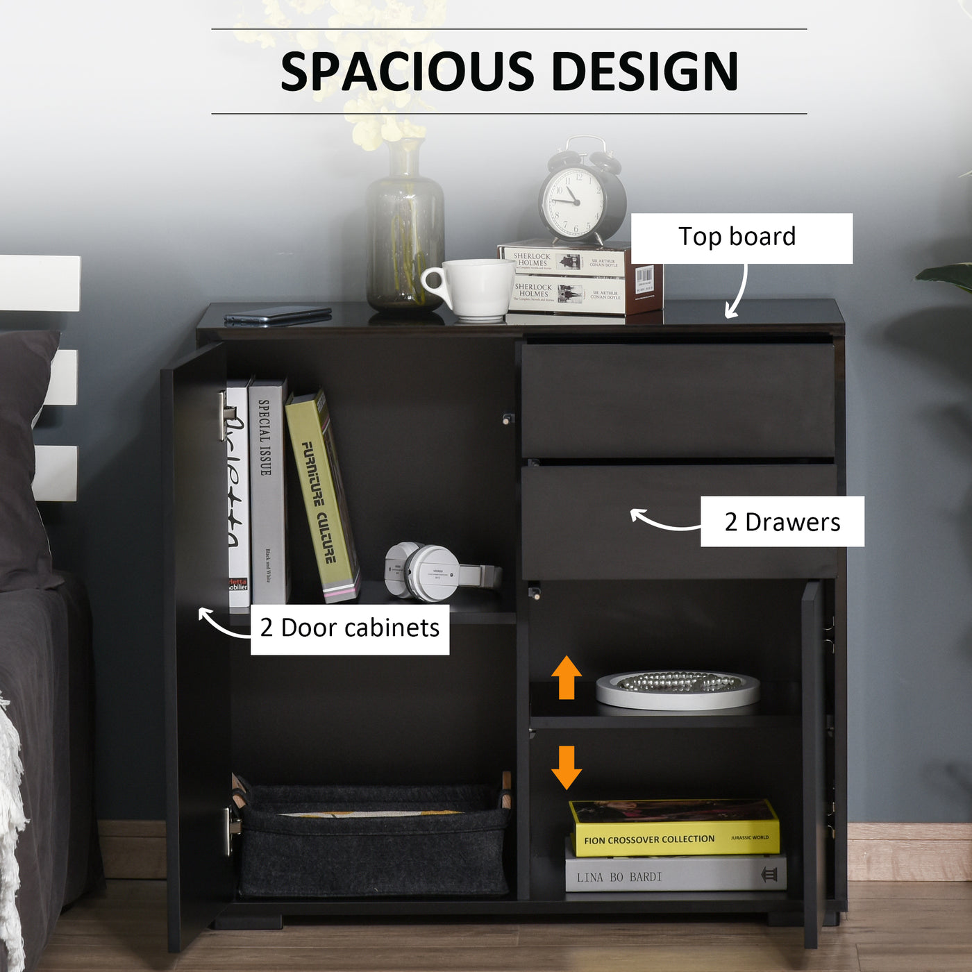 High Gloss Buffet Sideboard with 2 Drawers, 2 Doors and Adjustable Shelf, Kitchen Storage Cabinet with Push Open Design, Black