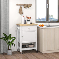 Kitchen Cart on Wheels, Rolling Kitchen Island Cart with Wood Top, Towel Rack, Drawer and Shelf for Dining Area, White