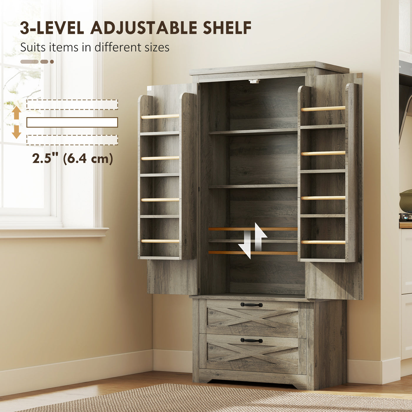 Farmhouse Kitchen Pantry Storage Cabinet, 64" Freestanding Kitchen Pantry Cabinet with Drawers, Distressed Grey