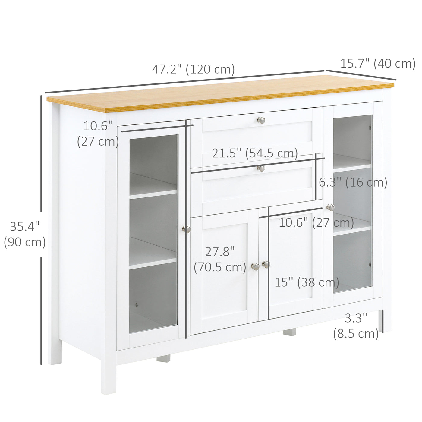 Buffet Cabinet Sideboard with 2 Drawers, 3 Storage Cabinets, Glass Doors and Adjustable Shelves, White