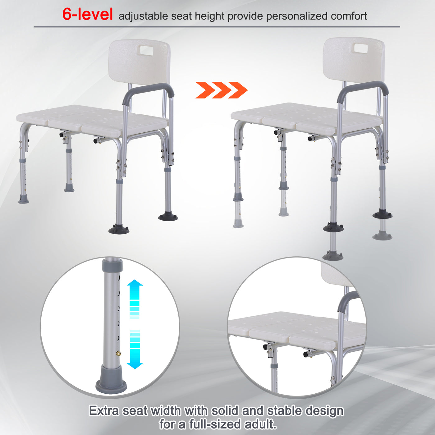6-Level Adjustable Bath and Shower Transfer Bench Aluminum Chair with Non-Slip Feet, Armrest & Backrest White
