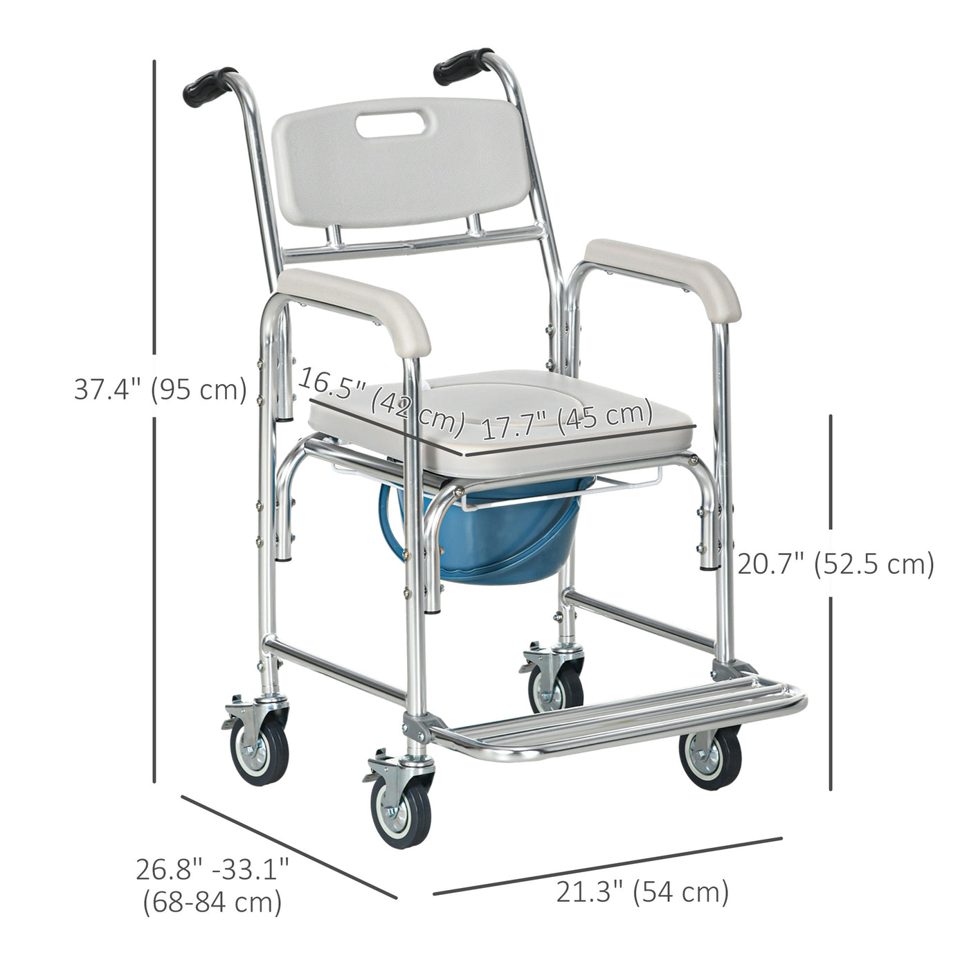 3-in-1 Shower Commode Wheelchair, Transport Beside Commode Chair with Padded Seat for the Elderly, Disabled