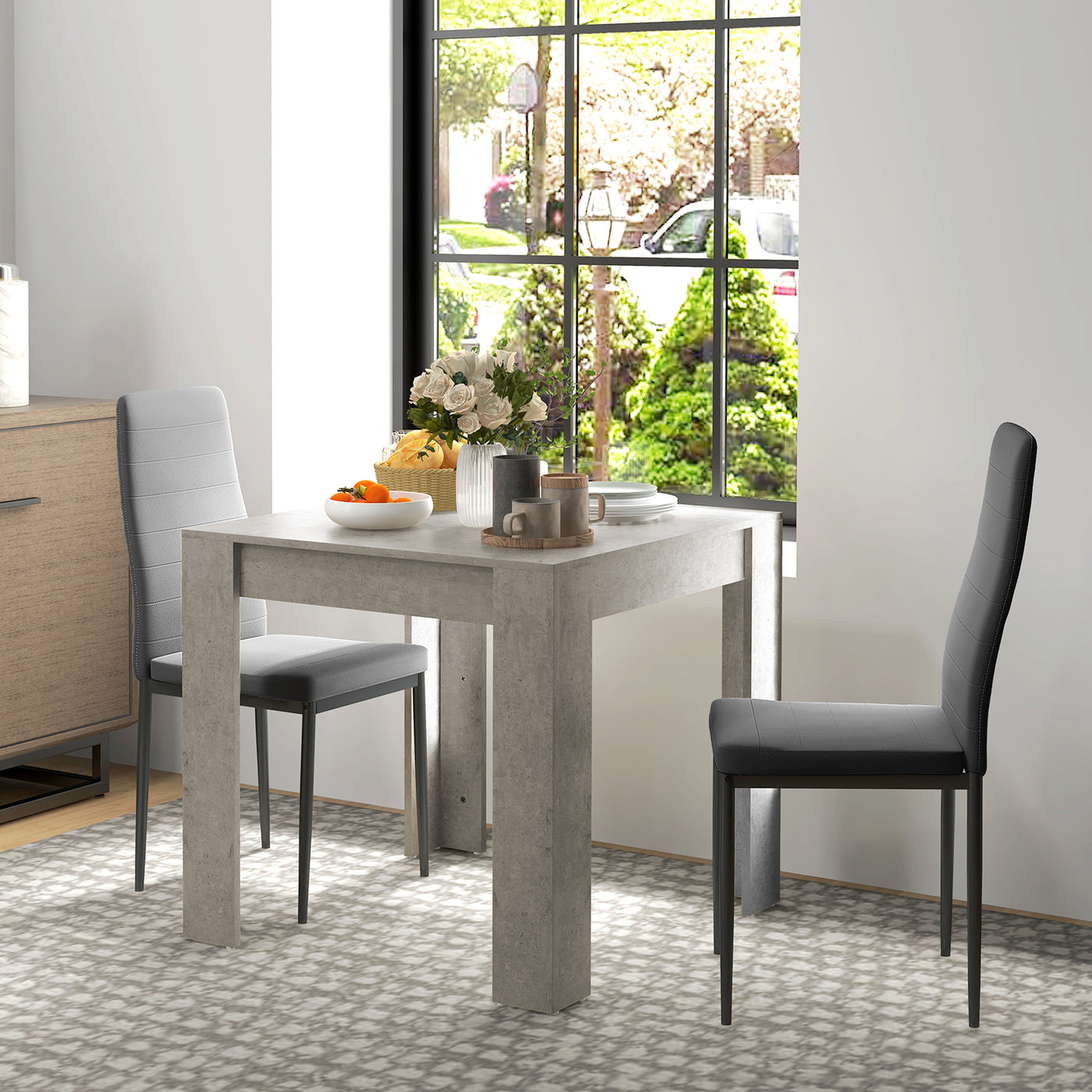 Dining Table Set for 2, Square Kitchen Table and Chairs, Dining Room Table and PU Leather Upholstered Chairs, Grey