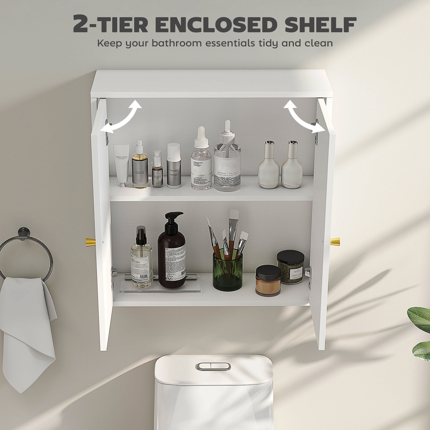 Medicine Cabinet, Modern Bathroom Wall Cabinet with 2 Arched Doors and Gold Handles, White Wood Grain