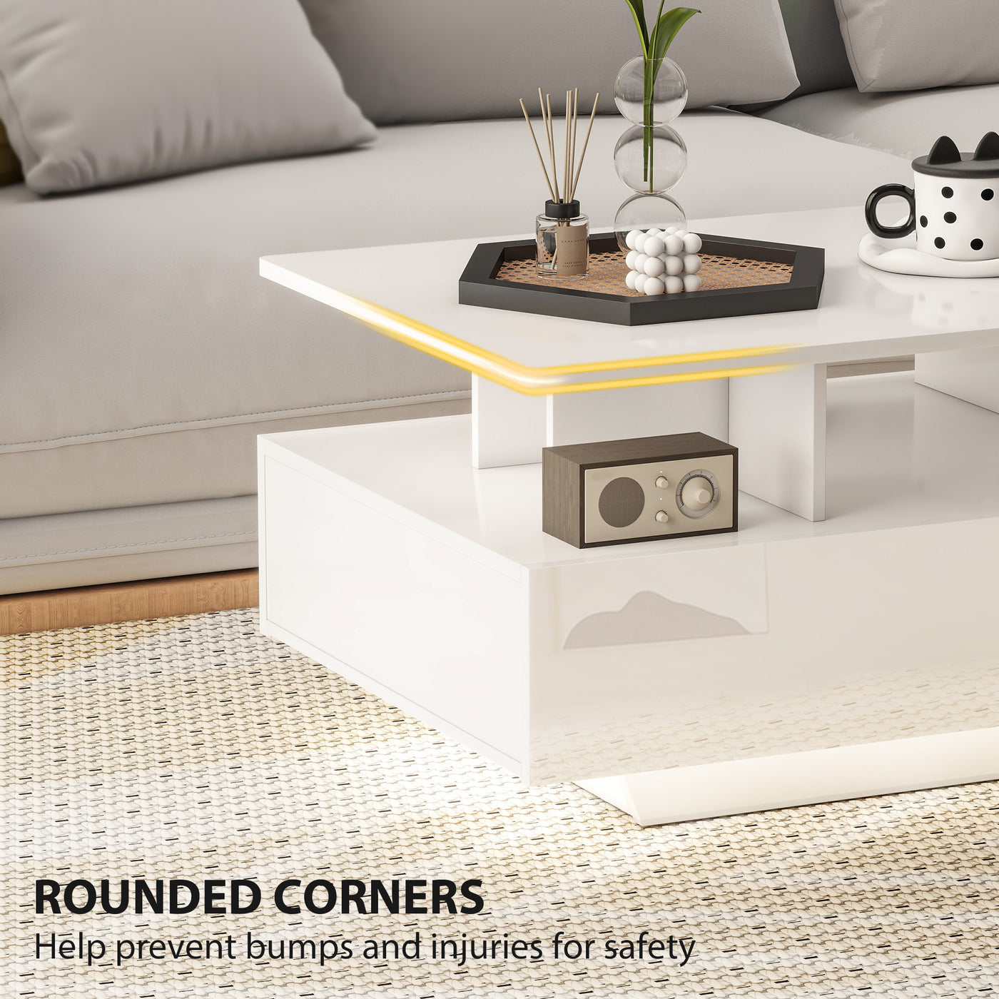 Coffee Table with RGB LED Lights, Modern Living Room Table with 4 Drawers, Open Shelf, Remote Control, High Gloss White