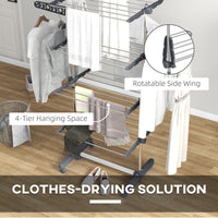 Garment Drying Rack Stainless Steel Folding Clothes Hanging Rack with Side Wings Castors for Indoor Outdoor Grey