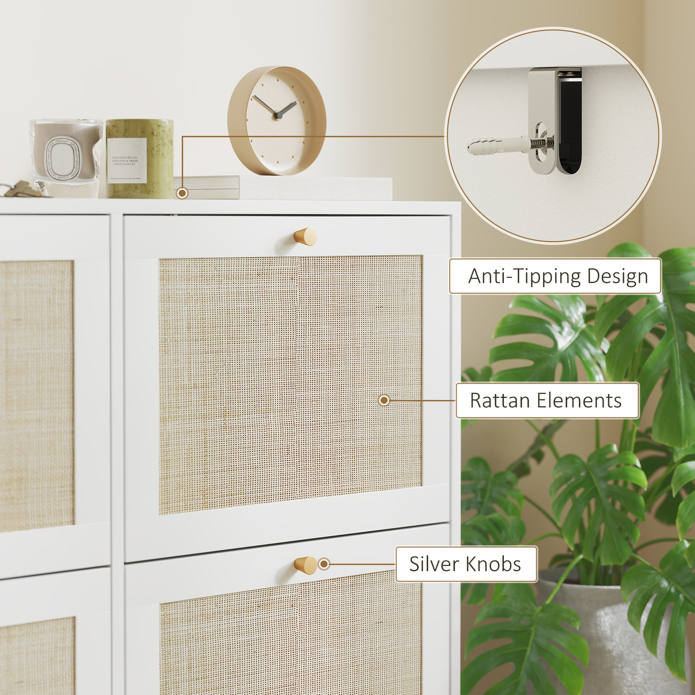 Narrow Shoe Storage Cabinet, Rattan Shoe Cabinet with 4 Flip Drawers and Adjustable Shelves for 20 Pairs, White