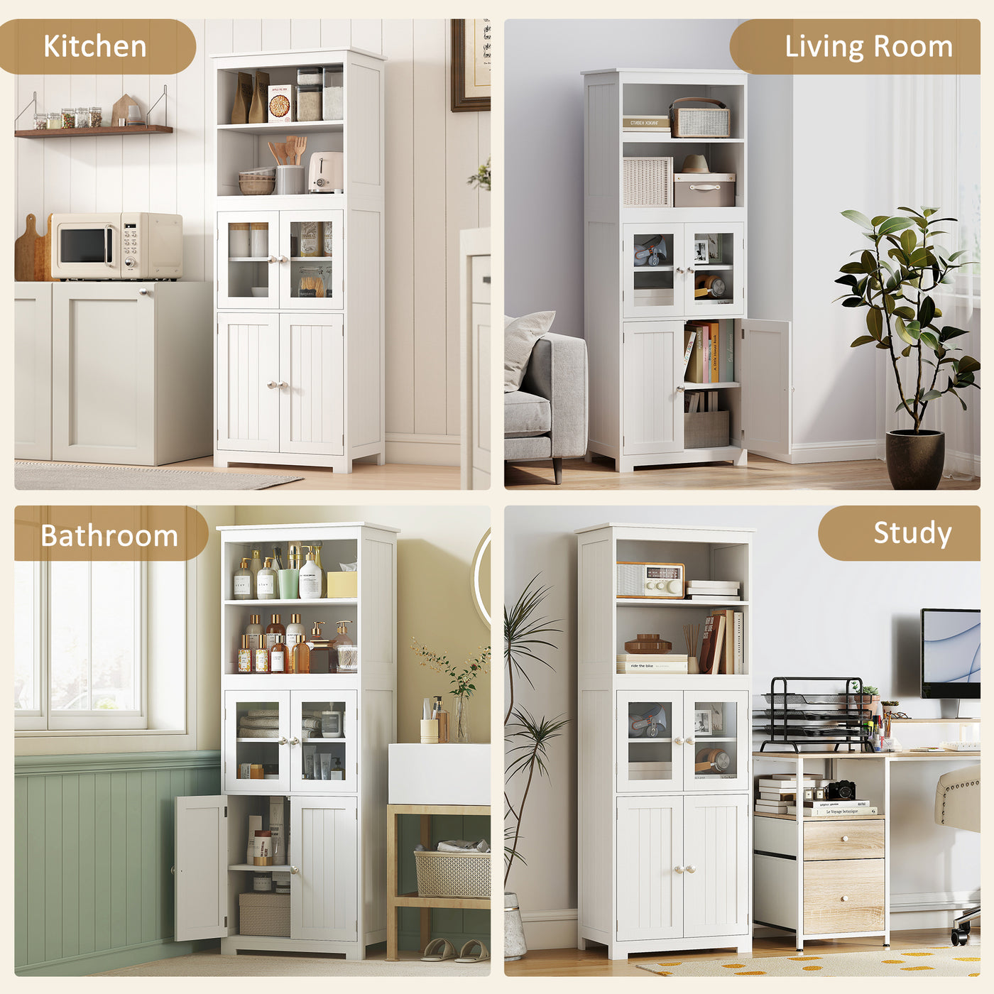 63" Small Buffet with Hutch, 4-Door Kitchen Pantry, Freestanding Storage Cabinet with Adjustable Shelf for Dining Room, Living Room, White