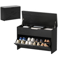 Shoe Storage Bench with Flip Drawer and Lift Top Storage, Entryway Bench with Seat Cushion for Hallway, Black
