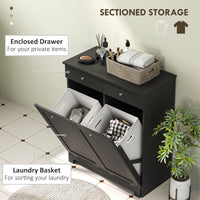 Laundry Cabinet, Tilt Out Laundry Hamper Cabinet with 2 Baskets, Bathroom Hamper Cabinet with 2 Drawers, Black