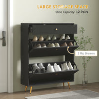 Narrow Shoe Storage Cabinet with Wave-like Panels and Adjustable Shelves for 12 Pairs of Shoes, Black