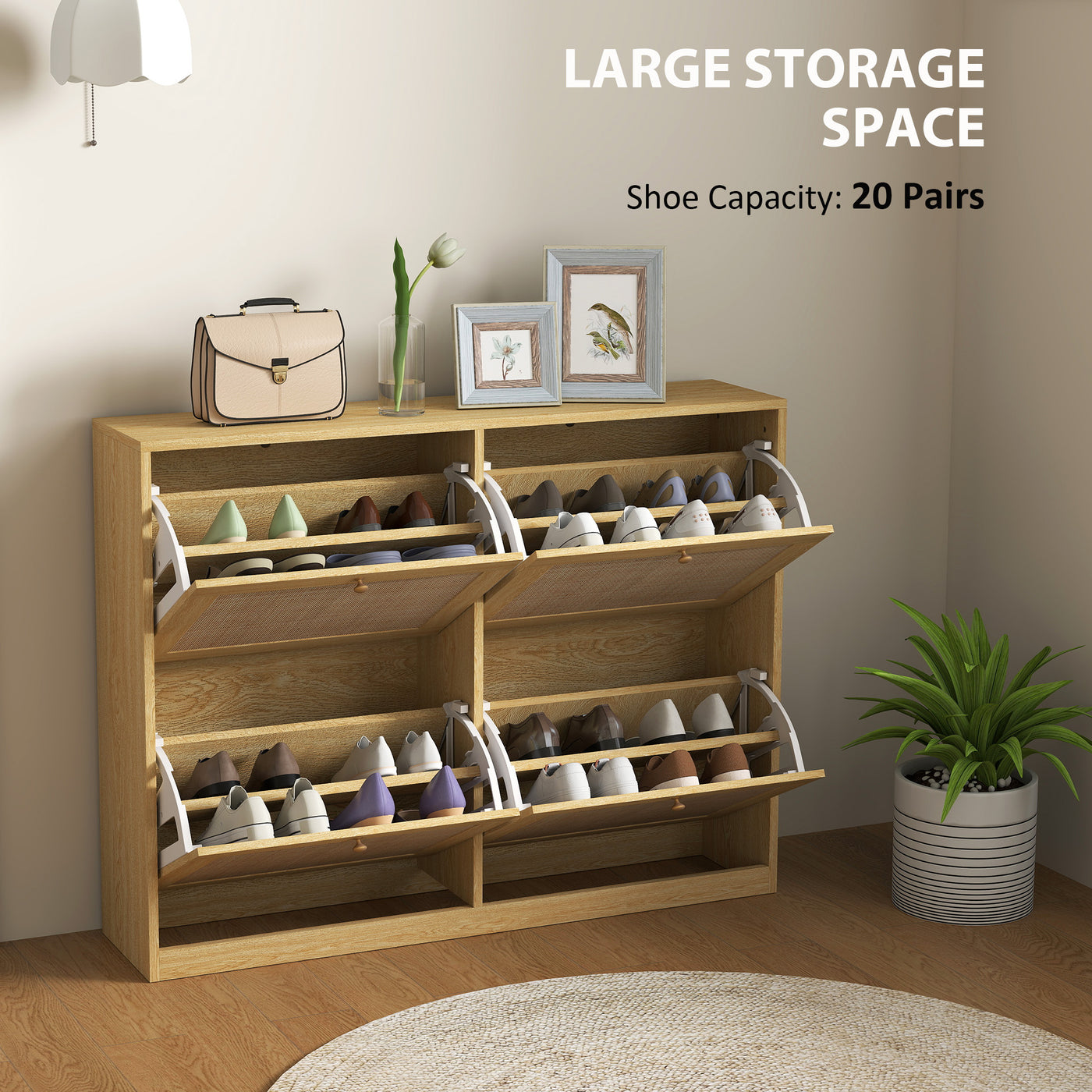 Narrow Shoe Storage Cabinet, Rattan Shoe Cabinet with 4 Flip Drawers and Adjustable Shelves for 20 Pairs, Oak