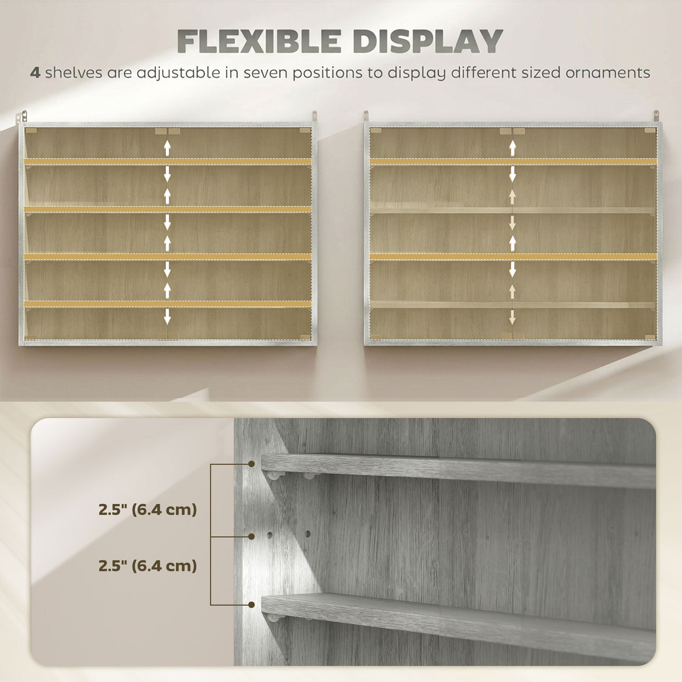 5-Tier Display Cabinet, Shot Glass Display Case, Glass Curio Cabinet with 2 Glass Doors and 4 Adjustable Shelves, Grey