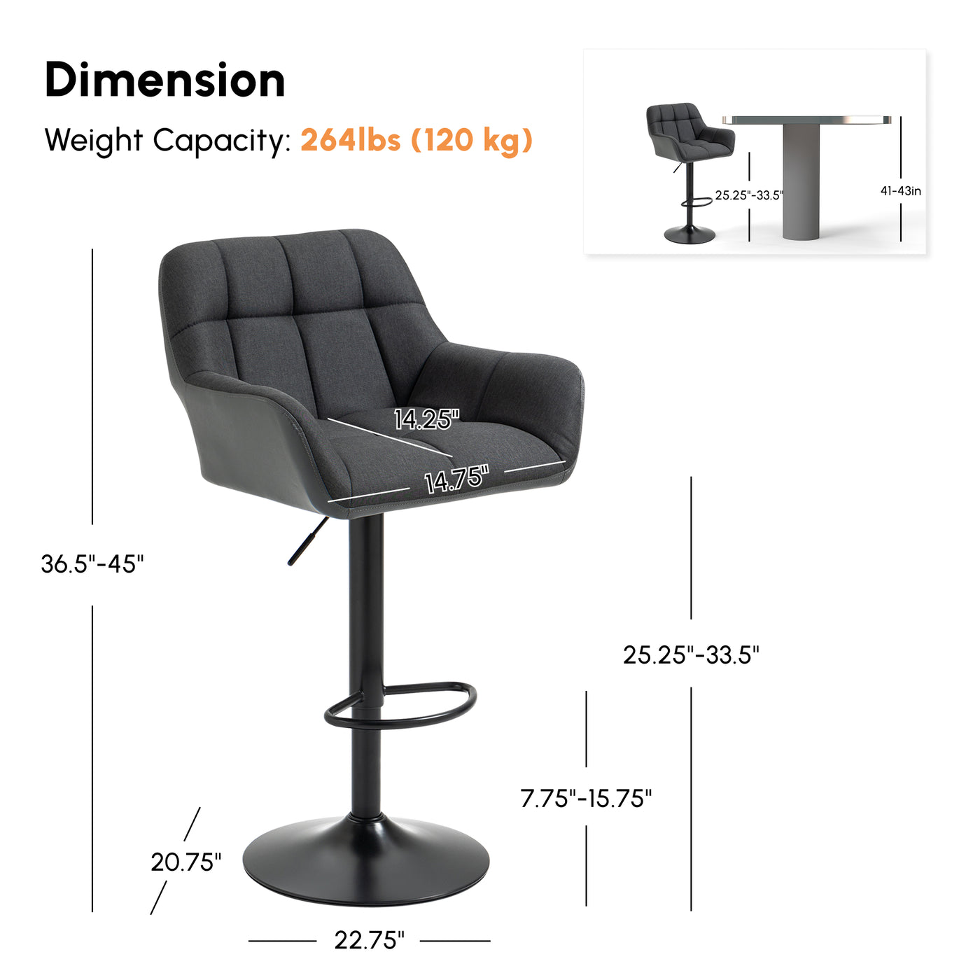 Swivel Barstools Set of 2 Adjustable Bar Stools with Footrest Armrests and PU Leather Back for Dining Room Black, Grey