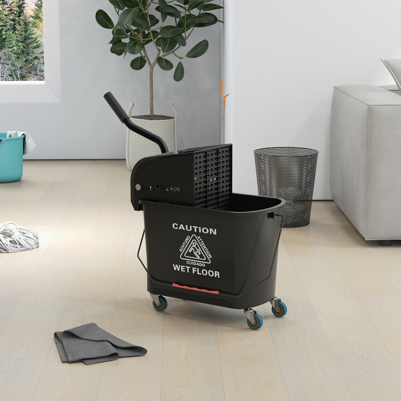 Compact Mop Bucket with Wringer, Mop Bucket on Wheels, 5 Gallon, Separate Dirty and Clean Water, Black