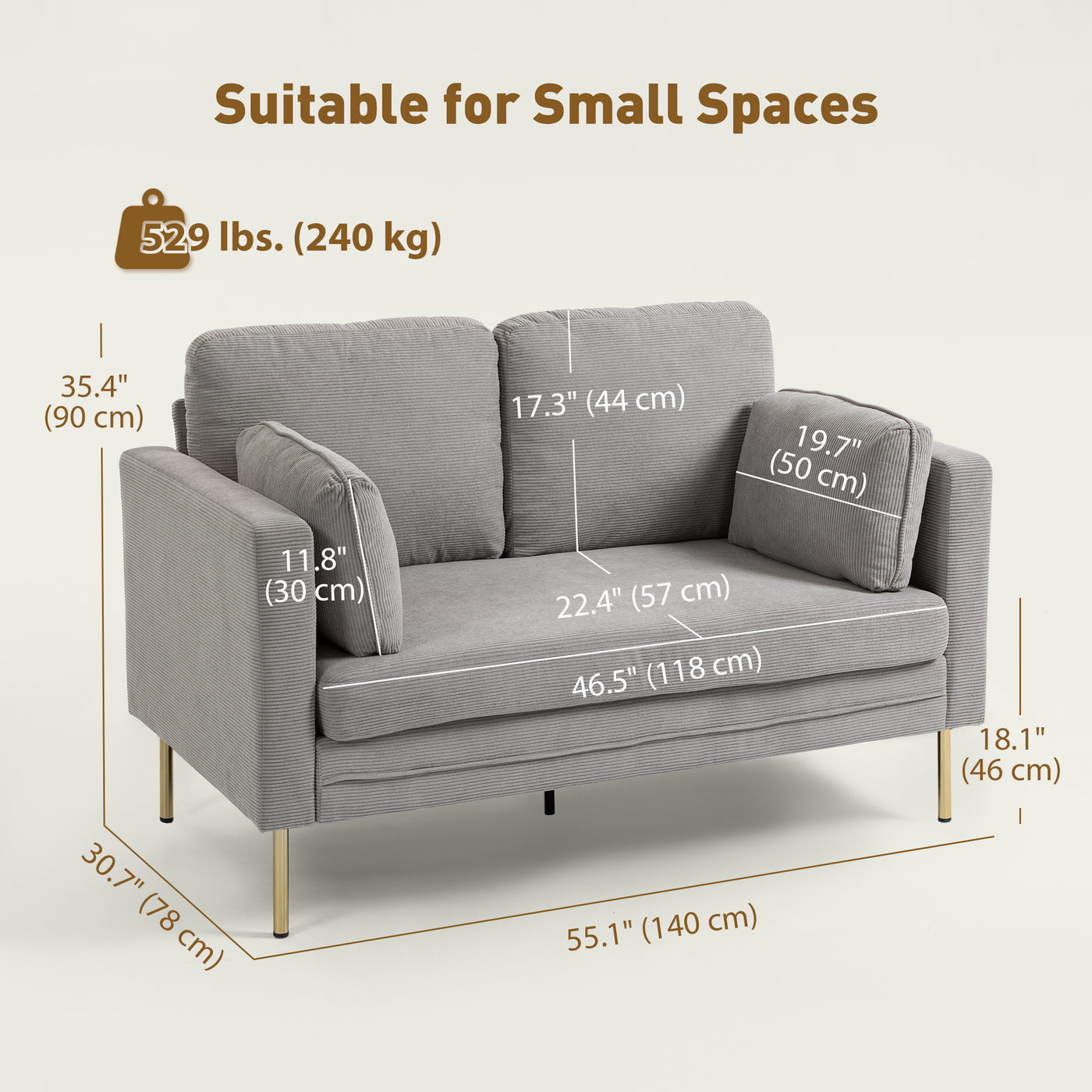 Loveseat Sofa, 55" Small Sofa Couch with 2 Pillows, Metal Legs for Living Room, Bedroom, Apartment, Grey