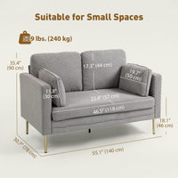 Loveseat Sofa, 55" Small Sofa Couch with 2 Pillows, Metal Legs for Living Room, Bedroom, Apartment, Grey