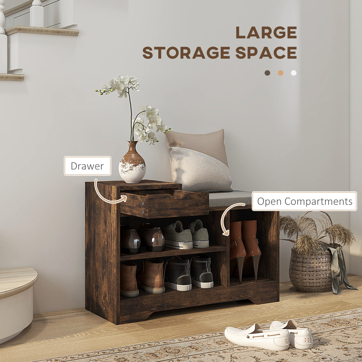 Upholstered Shoe Storage Bench, Hallway Shoe Storage with Seat, Drawer, 3 Open Shelves for Entryway, Rustic Brown