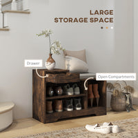 Upholstered Shoe Storage Bench, Hallway Shoe Storage with Seat, Drawer, 3 Open Shelves for Entryway, Rustic Brown