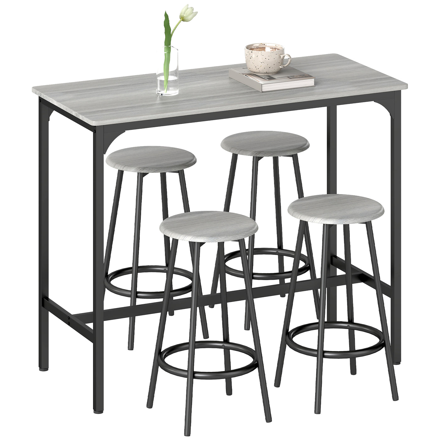 5-Piece Bar Table Set for 4, Industrial Counter Height Bar Table and Chairs for Kitchen, Dining Room, Grey