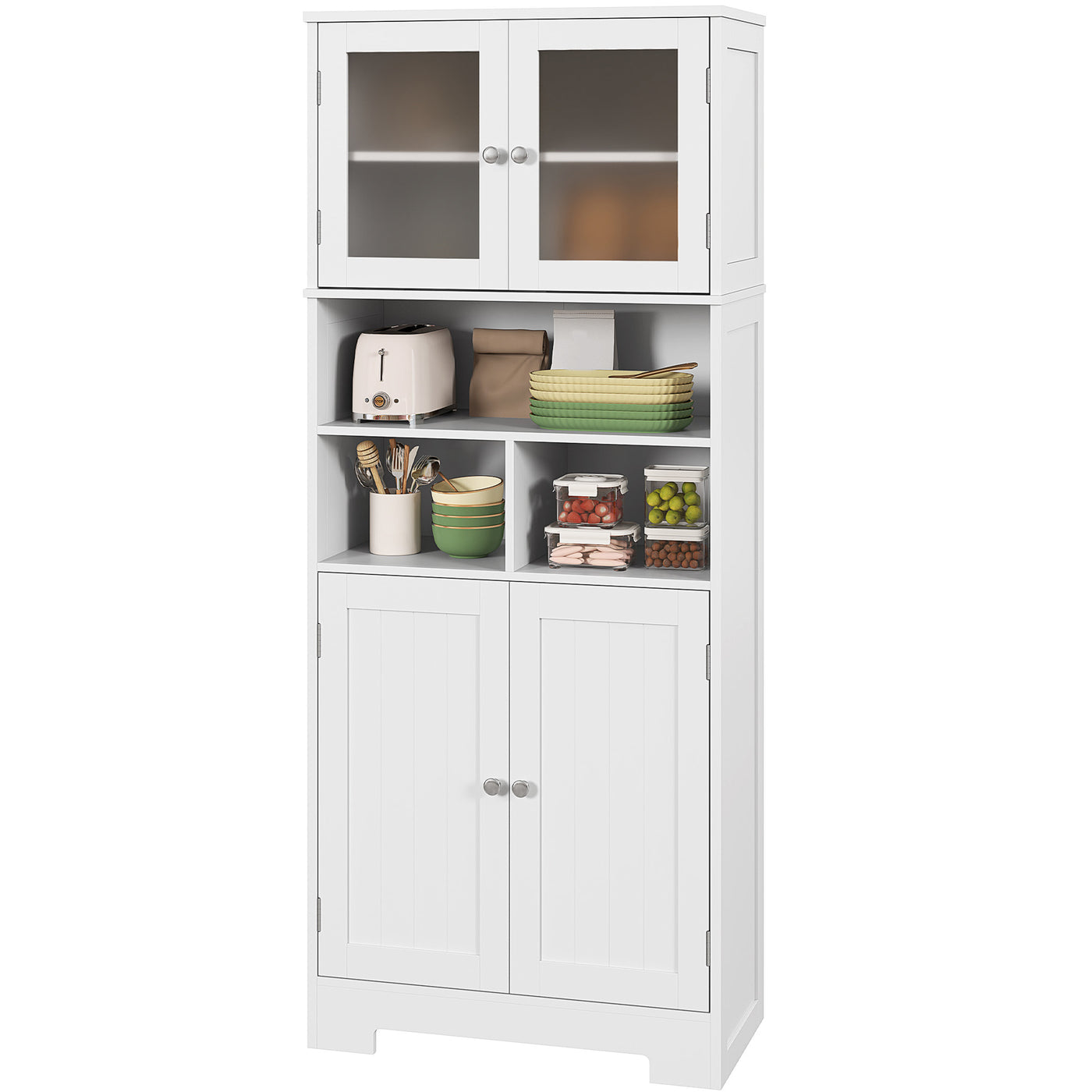 57" Kitchen Pantry, Freestanding Pantry Storage Cabinet with Glass Doors, Adjustable Shelves, Open Compartments, White