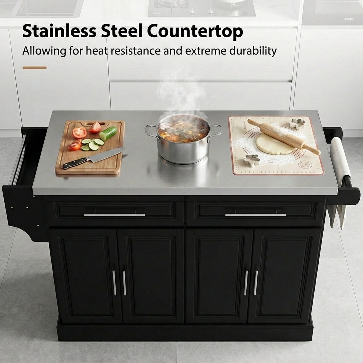 Rolling Kitchen Island with Storage and Stainless Steel Top, Kitchen Trolley with Drawers, Cabinets, Towel Rack