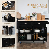 Kitchen Island with Storage, Rolling Kitchen Island with Drop Leaf, Rubber Wood Top and Adjustable Shelves, Black