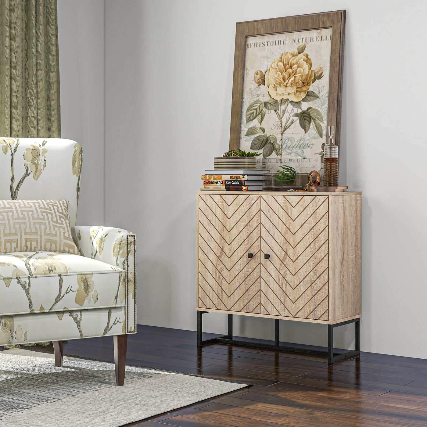 Modern Sideboard, Buffet Cabinet with 2 Chevron Doors and Adjustable Shelf, Kitchen Storage Cabinet with Steel Base, Coffee Bar Cabinet, 31.5" H, Oak