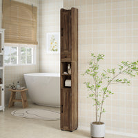 Narrow Bathroom Cabinet, Tall Bathroom Storage Cabinet with Barn Doors, Drawer and Adjustable Shelves, Brown Wood Grain