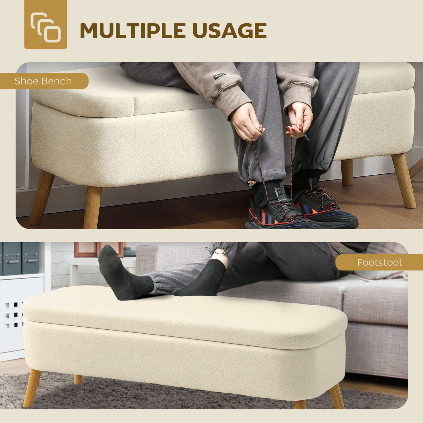 47 Inches Storage Ottoman Bench, End of Bed Bench, Upholstered Teddy Fleece Storage Chest for Living Room, Beige