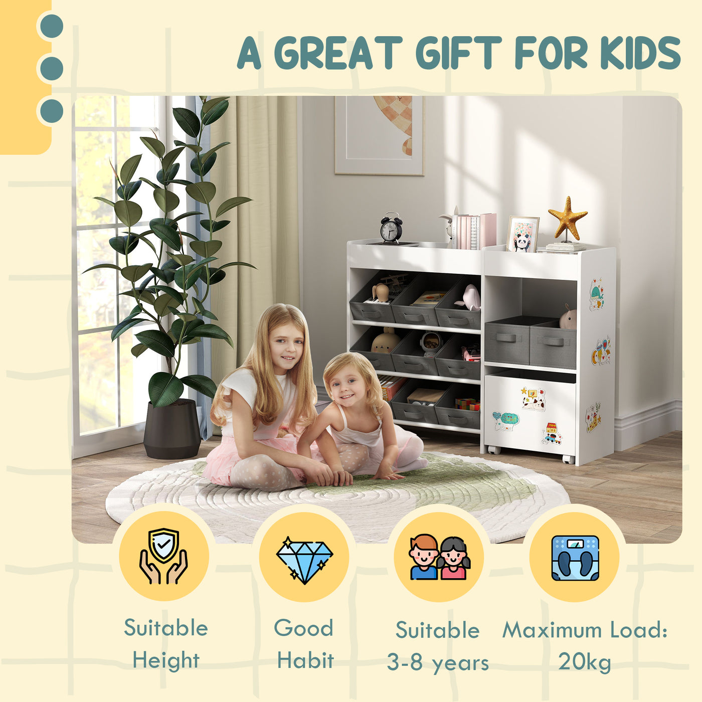 Qaba Kids Toy Storage Organizer with 11 Bins, Moveable Cabinet, Top Shelves, 3 Stickers, for Nursery, Playroom, White