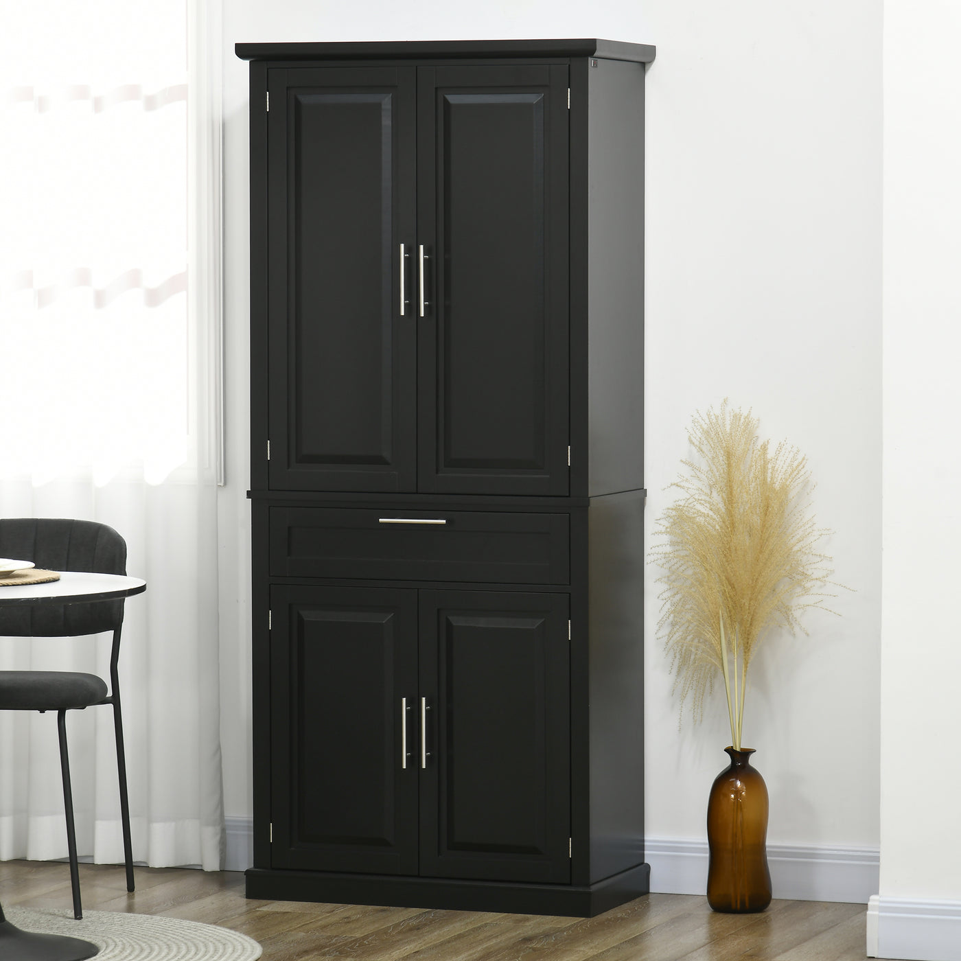 72" Kitchen Pantry Cabinet, Freestanding Storage Cabinet, 4-Door Cabinet with Drawer and Adjustable Shelves, Black