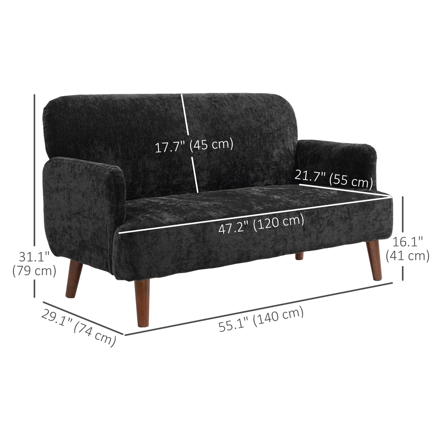 Velvet Feel Fabric 2 Seater Sofa, Small Sofa Loveseat with 8.3" Thick Padding and Wood Legs, Black