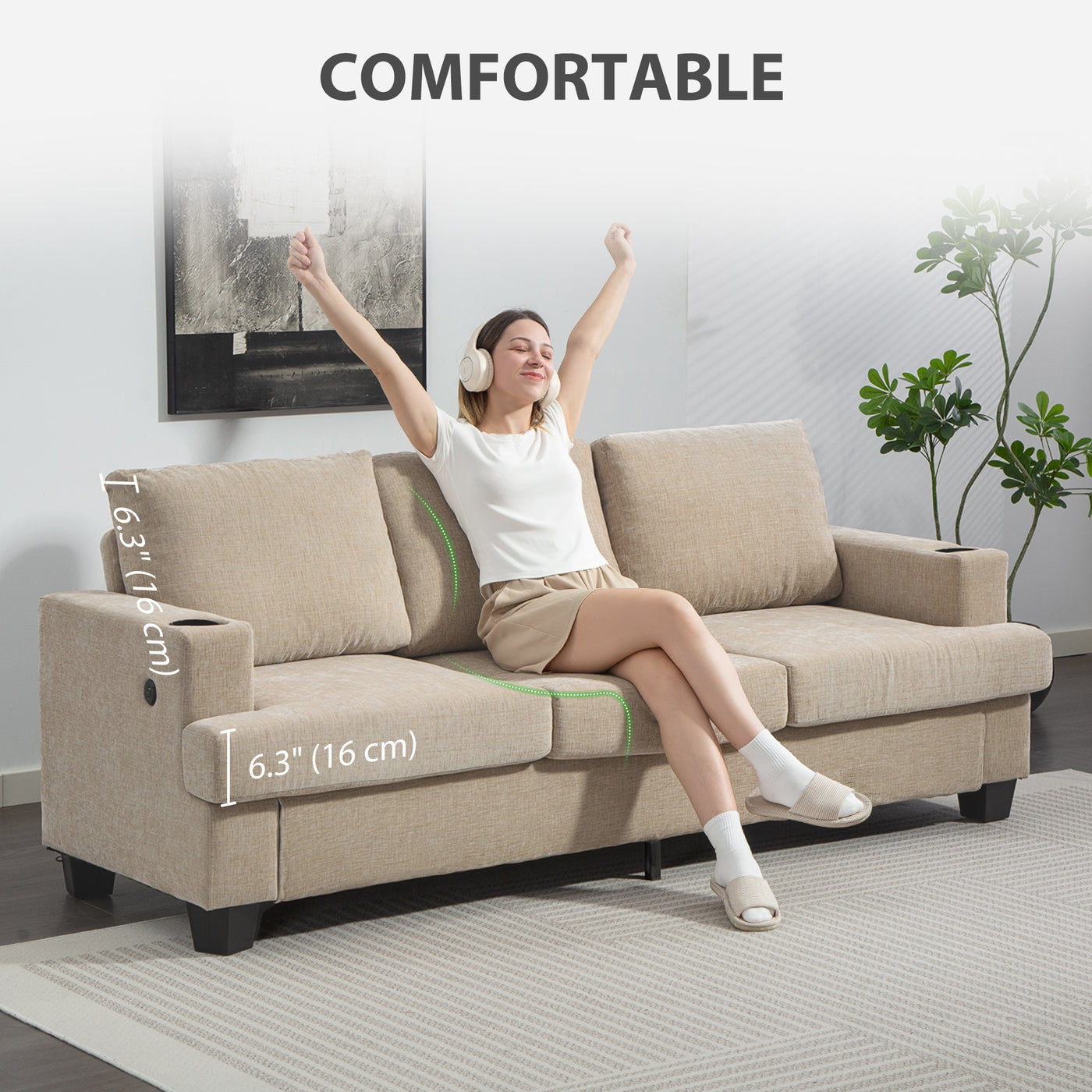 3 Seater Sofa with USB Ports & Cup Holders, Chenille-Feel Upholstered Couch for Living Room, Light Brown