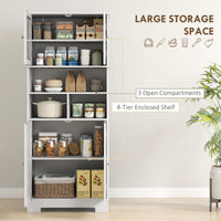 57" Kitchen Pantry, Freestanding Pantry Storage Cabinet with Glass Doors, Adjustable Shelves, Open Compartments, White