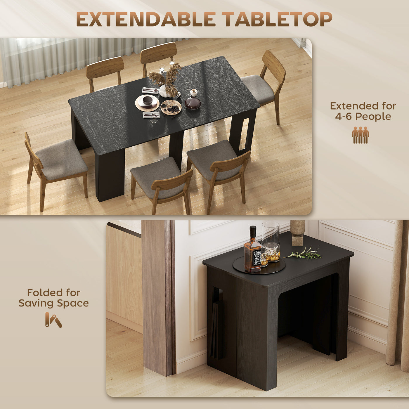 Extendable Dining Table, Expandable Kitchen Table for Small Spaces, Seats up to 6 People, Distressed Black