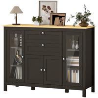 Buffet Cabinet Sideboard with 2 Drawers, 3 Storage Cabinets, Glass Doors and Adjustable Shelves, Dark Brown